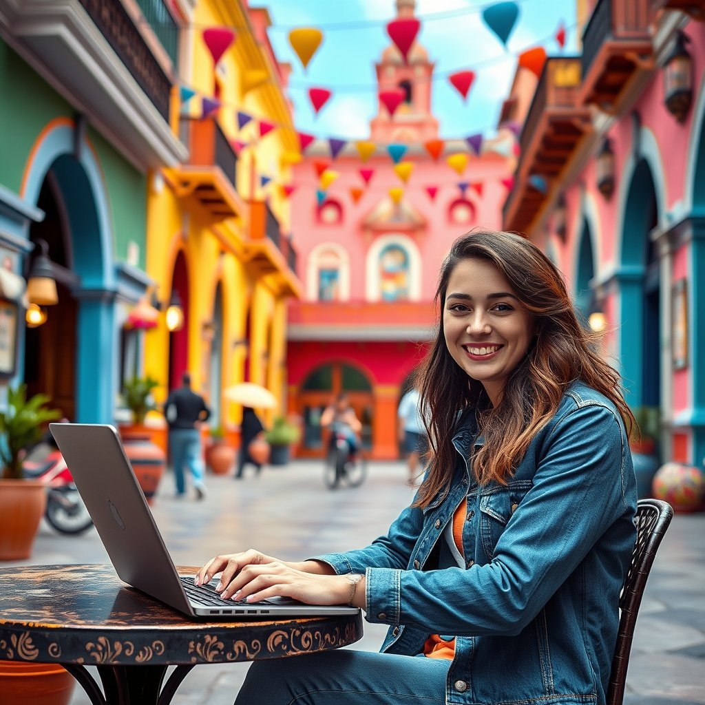 A happy digital nomad A happy digital nomad working on a laptop in a colorful Mexican street, surrounded by local architecture and culture