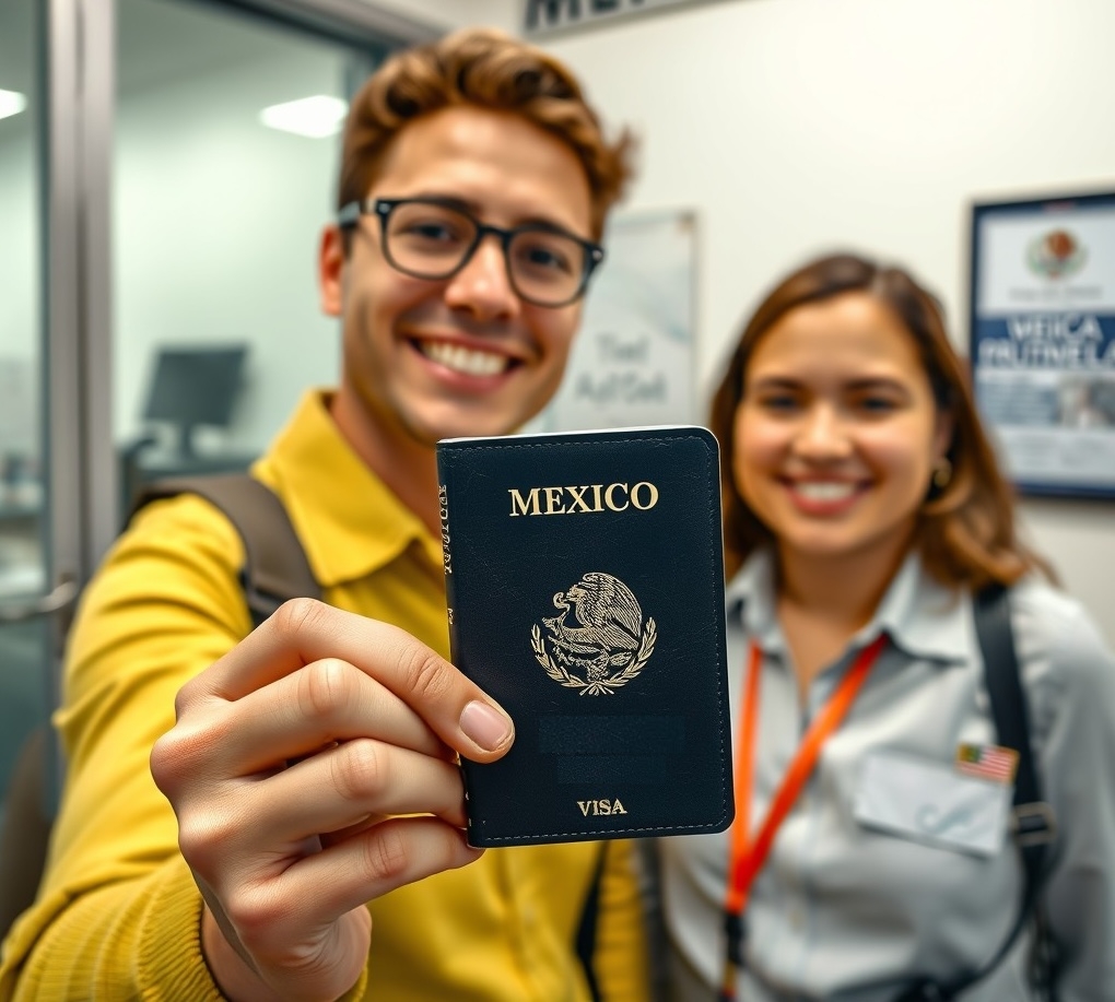 Person at Mexican consulate Person at Mexican consulate holding passport with visa stamp, completing application process