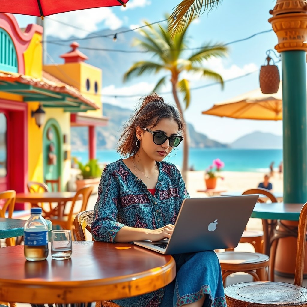 Digital nomad Digital nomad working on laptop at a sunny beachside café in Mexico with traditional architecture