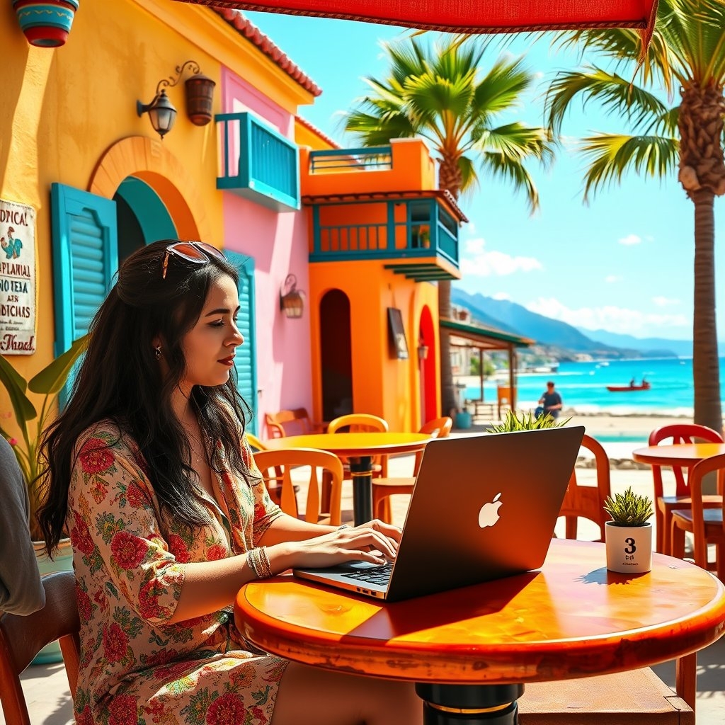 Digital nomad in Mexico A vibrant scene of a digital nomad happily working on a laptop at a sunny Mexican beachside café,