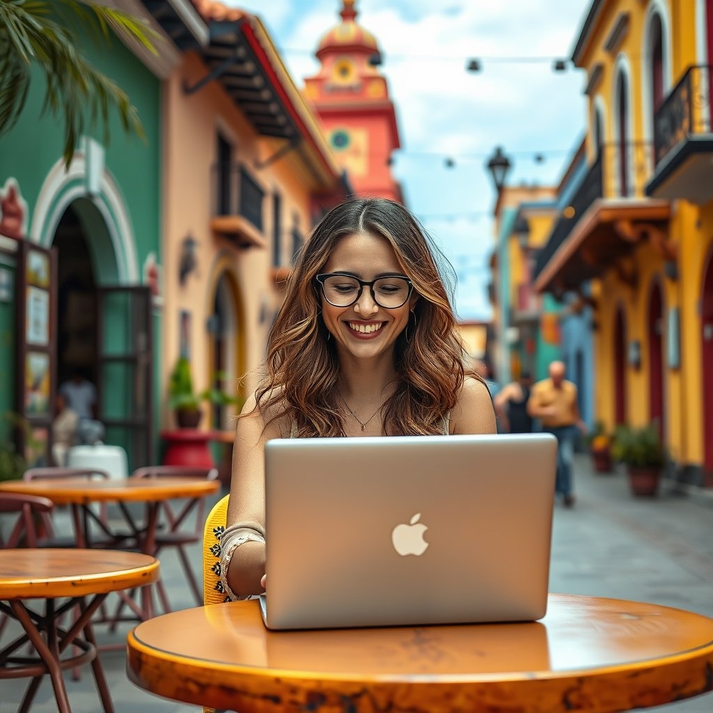 Digital nomad Digital nomad working on a laptop in a vibrant Mexican plaza after obtaining Mexico's digital nomad visa