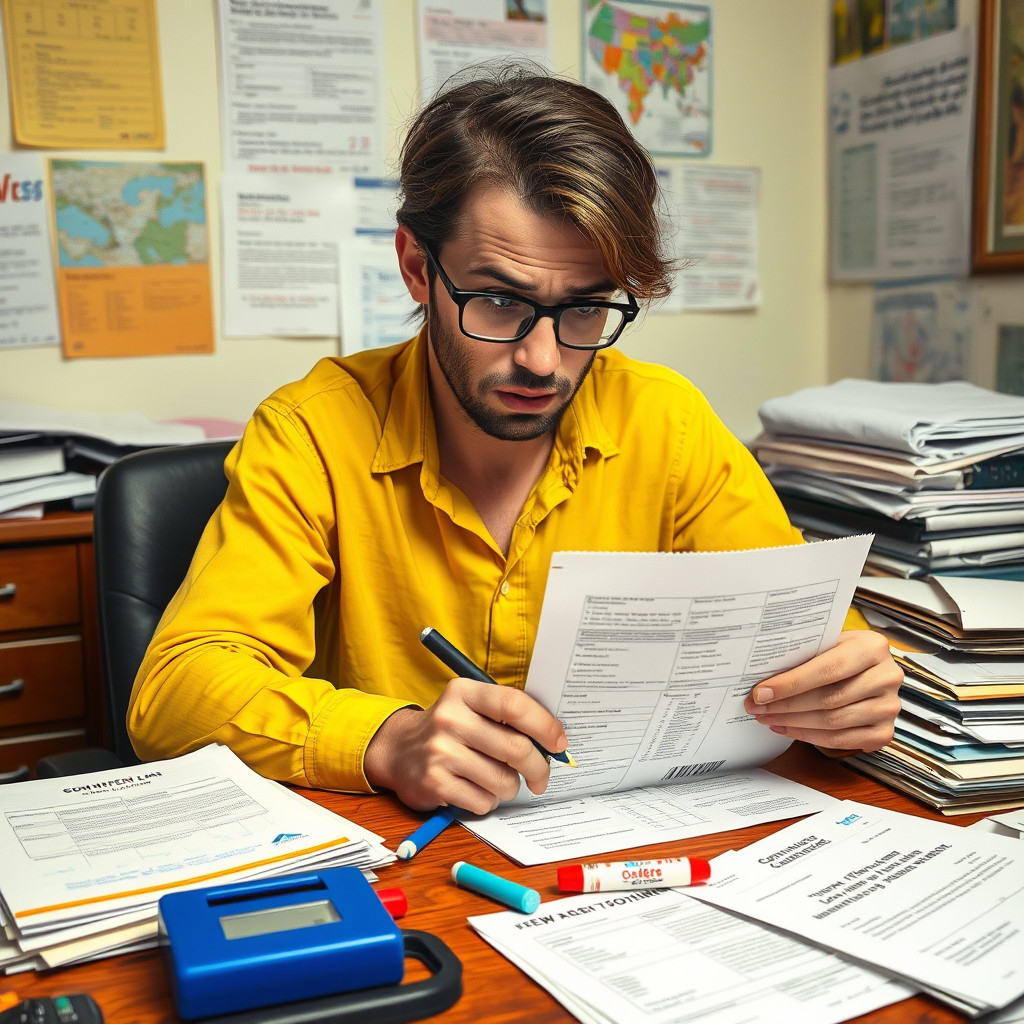 Anxious traveler Anxious traveler correcting mistakes on Schengen visa application forms at a cluttered desk