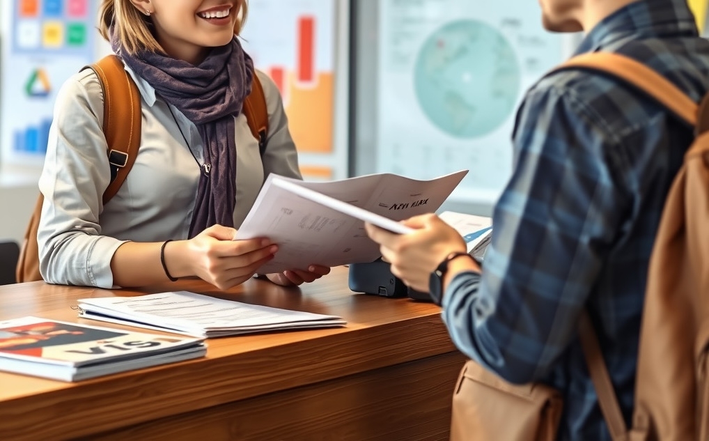 Traveler consulting with visa application center staff Traveler consulting with visa application center staff about Schengen visa application