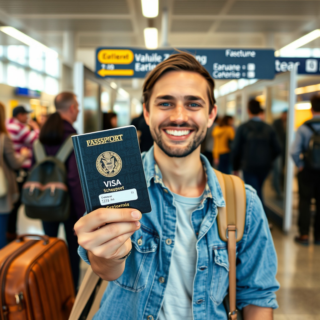 Happy traveler Happy traveler with Schengen visa in passport ready to board flight to Europe