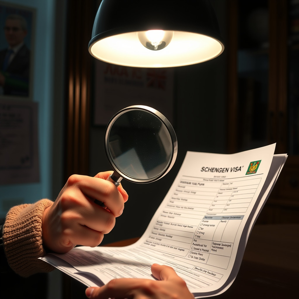 Reviewing Schengen visa application form Person carefully reviewing Schengen visa application form to fix mistakes before submission