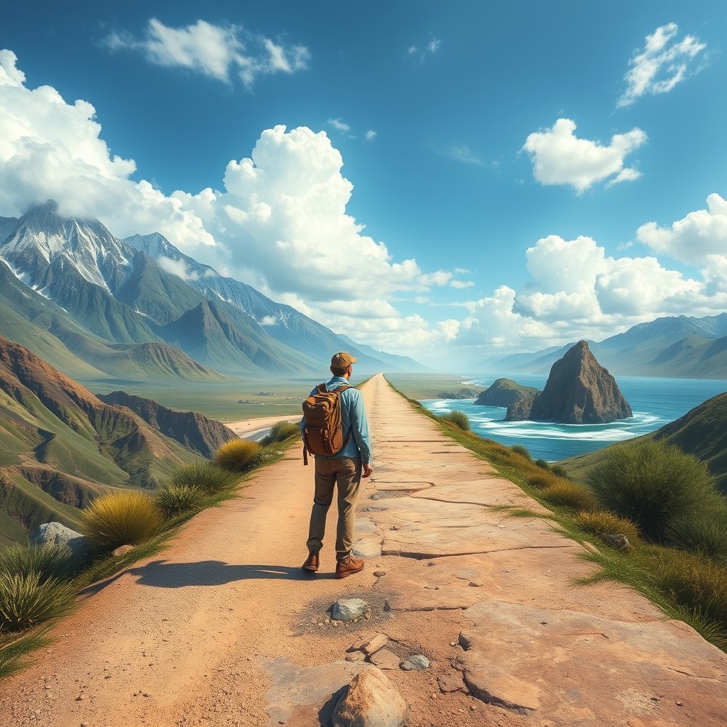 Traveler going on journey through diverse landscapes, symbolizing endless possibilities of nomadic life