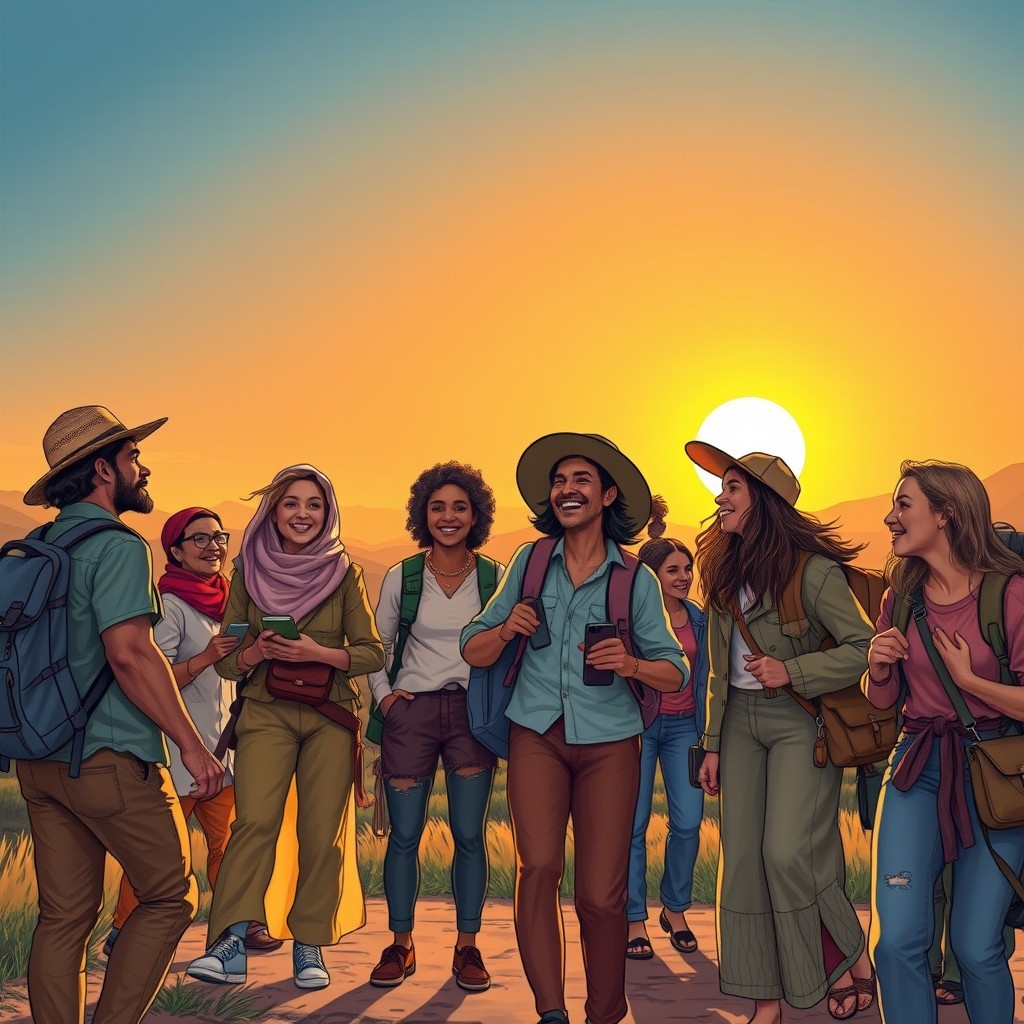 Travelers connecting and growing together during adventure, highlighting friendship and personal growth