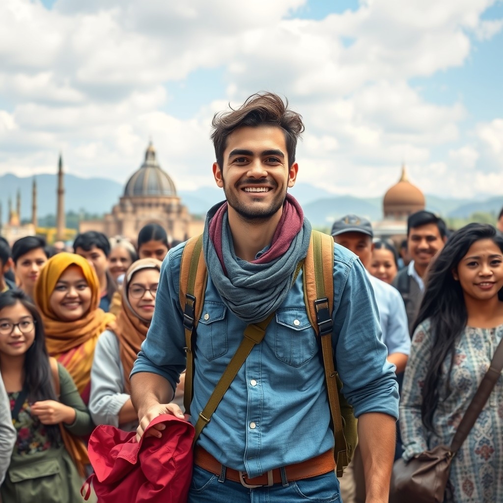 Traveler engaging with different cultures and landscapes, symbolizing personal growth through travel