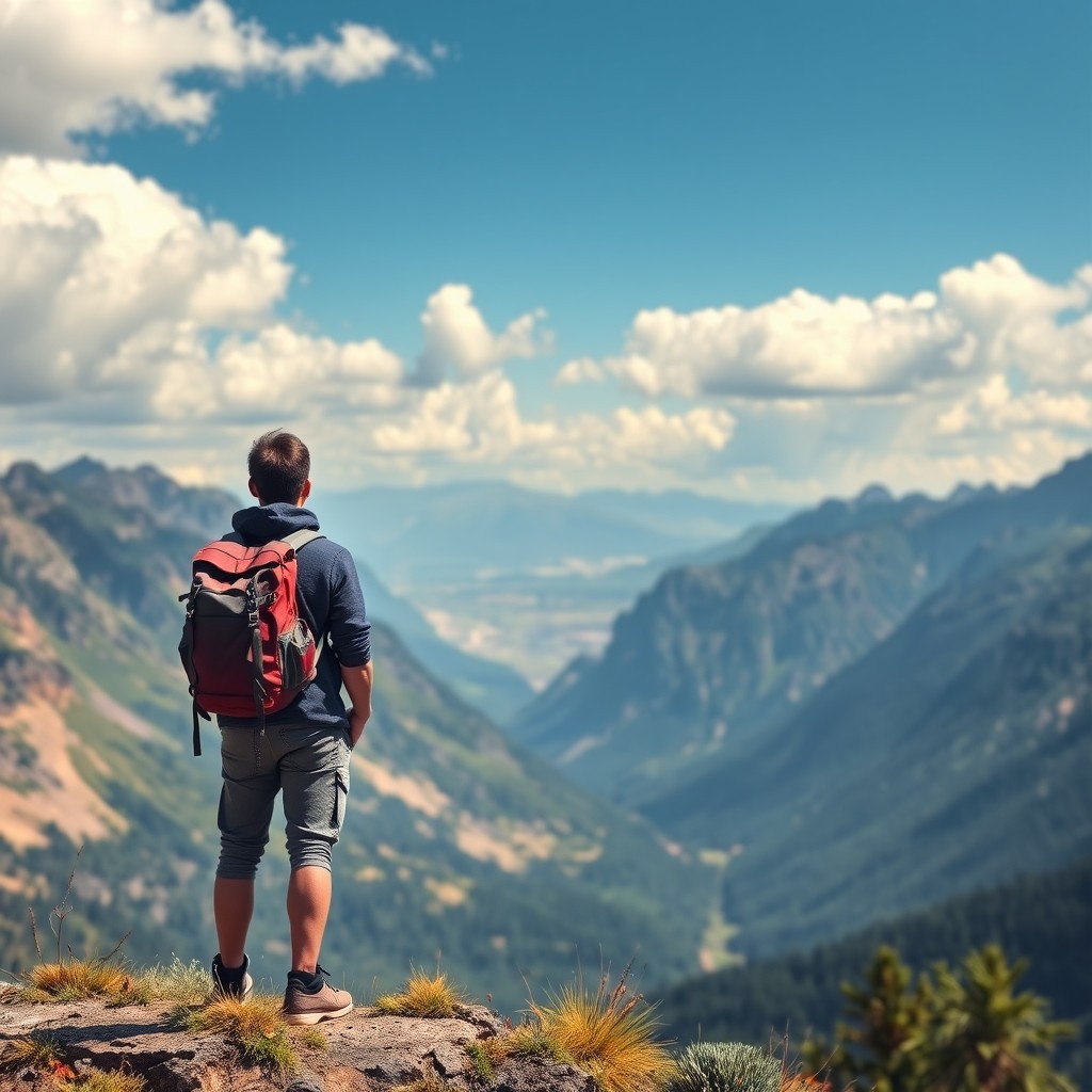 Traveler with backpack overlooking vast wilderness, representing self-discovery and adventure