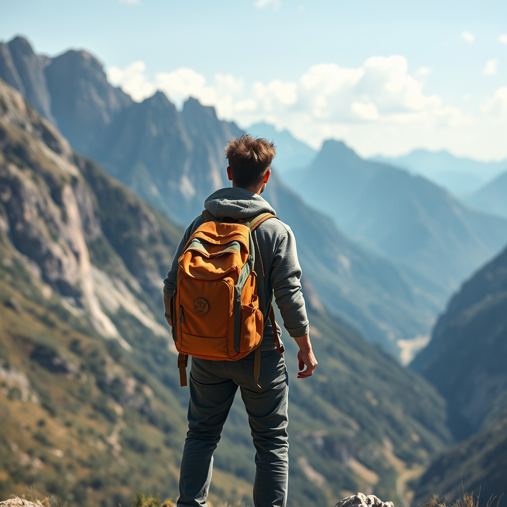 A traveler standing at the edge of a scenic landscape, symbolizing a journey into the wild for self-discovery and freedom.