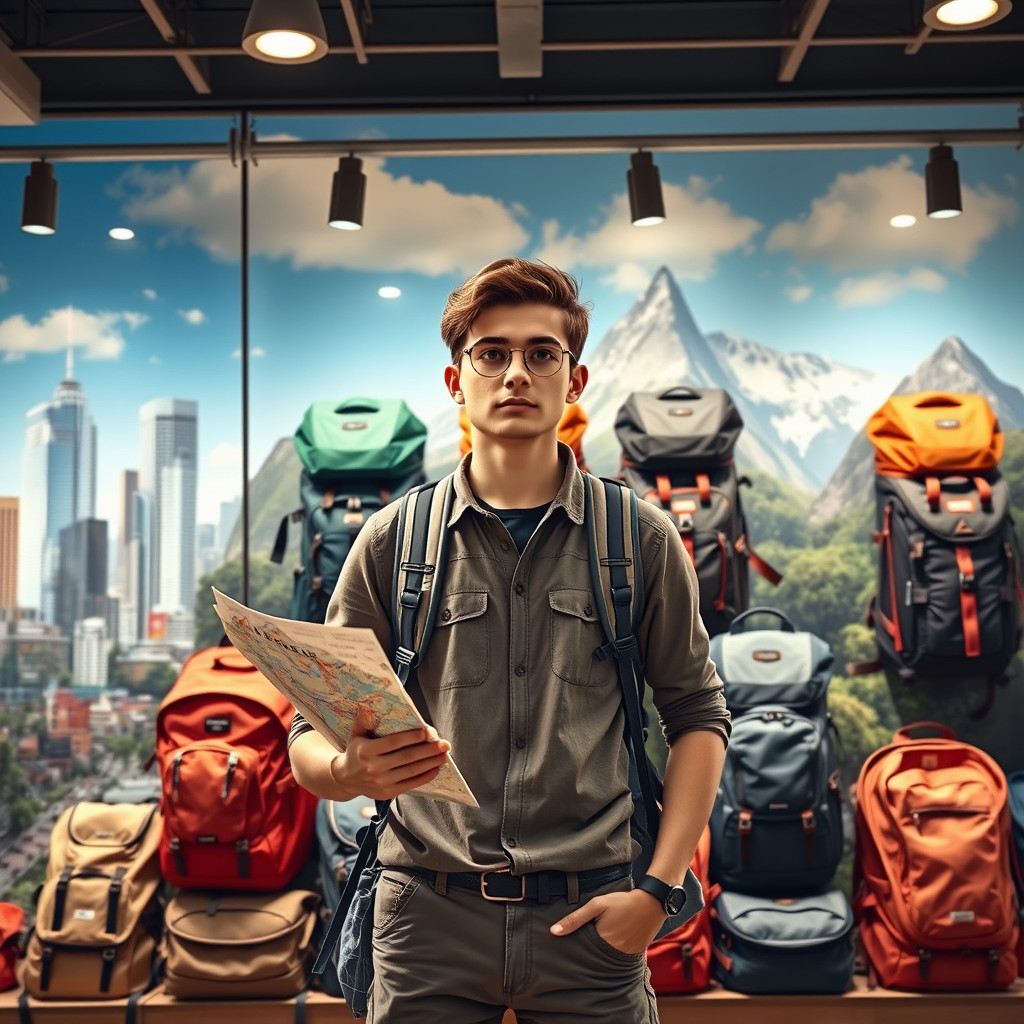 Traveler Traveler contemplating different backpacks in a store blending city and nature elements, holding a map