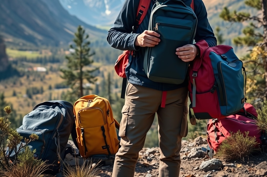 A digital nomad A digital nomad choosing the perfect backpack in a scenic outdoor location