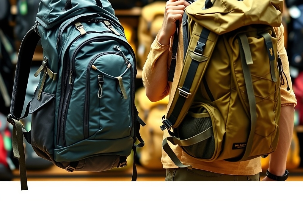 Traveler in backpack store Traveler in store comparing small and large backpacks, examining compartments and features