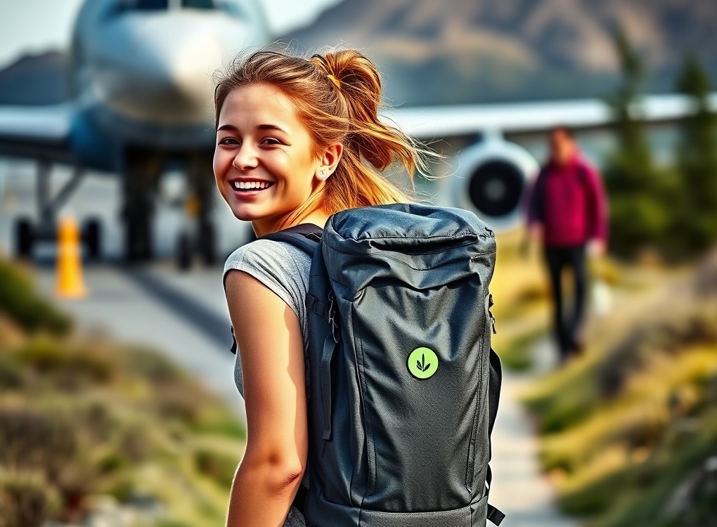 Happy travele Happy traveler with well-fitted backpack setting off on journey, showing eco-friendly and tech features