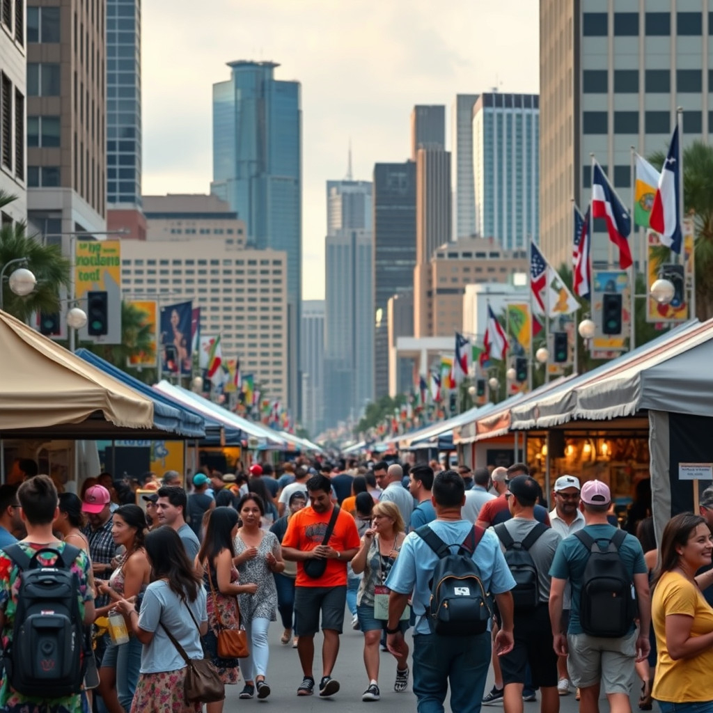 A street festival in Houston People enjoying a vibrant cultural street festival in Houston with music and food