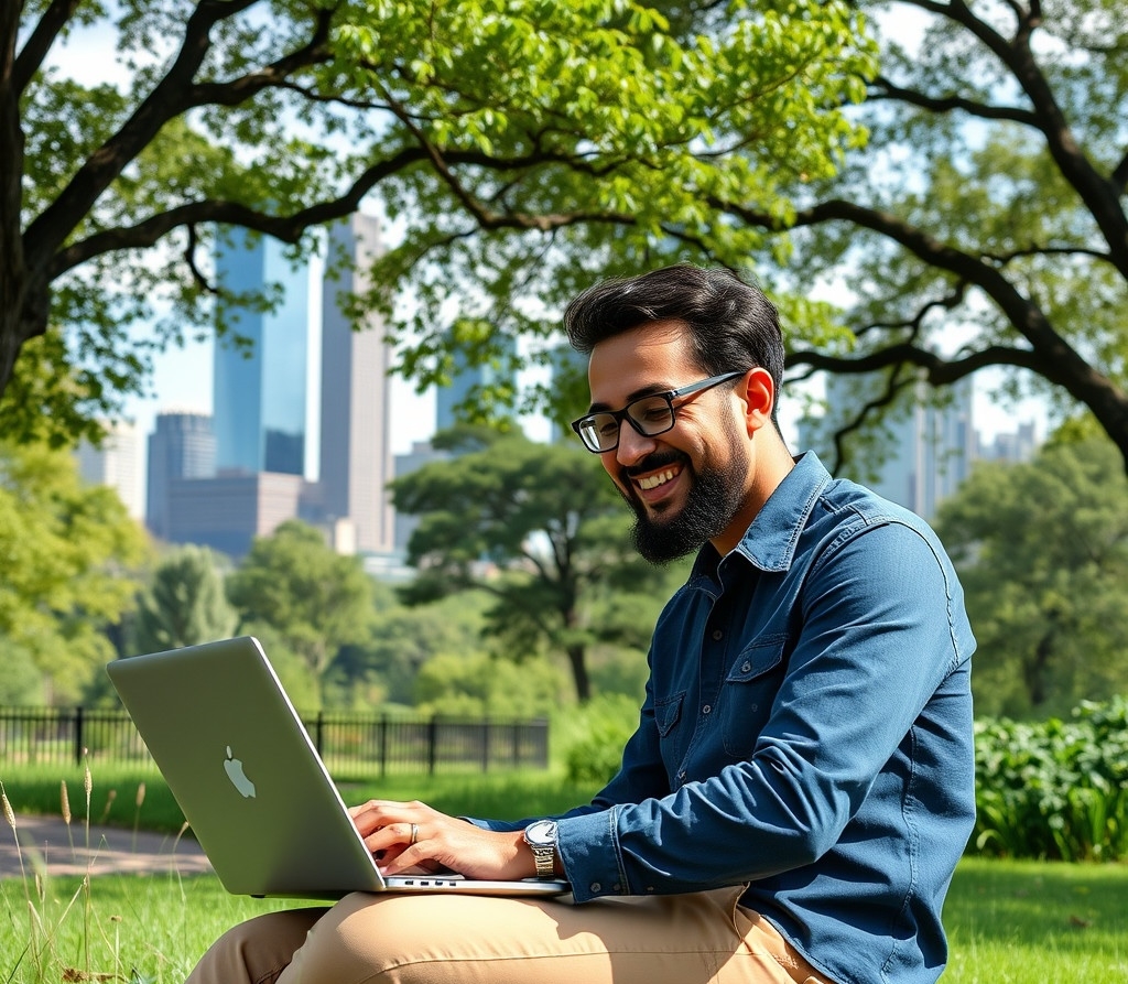 Digital nomad in Houston Digital nomad working with his internet online in a Houston park with city skyline in the background