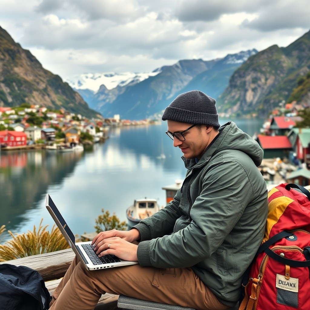 A digital nomad in Norway A digital nomad working on a laptop with Norway's fjords in the background