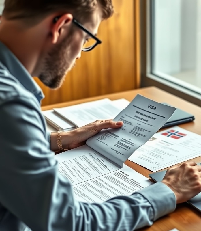Norwegian visa application An individual organizing paperwork for Norwegian visa application at a desk with laptop