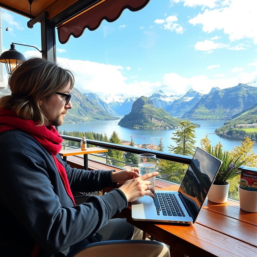 A digital nomad A digital nomad using a laptop at a Norwegian café overlooking mountains