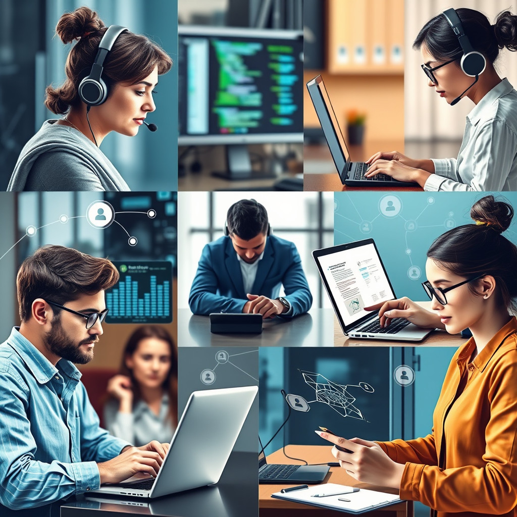 People performing online jobs Collage of people performing various online entry-level jobs, connected through digital networks.