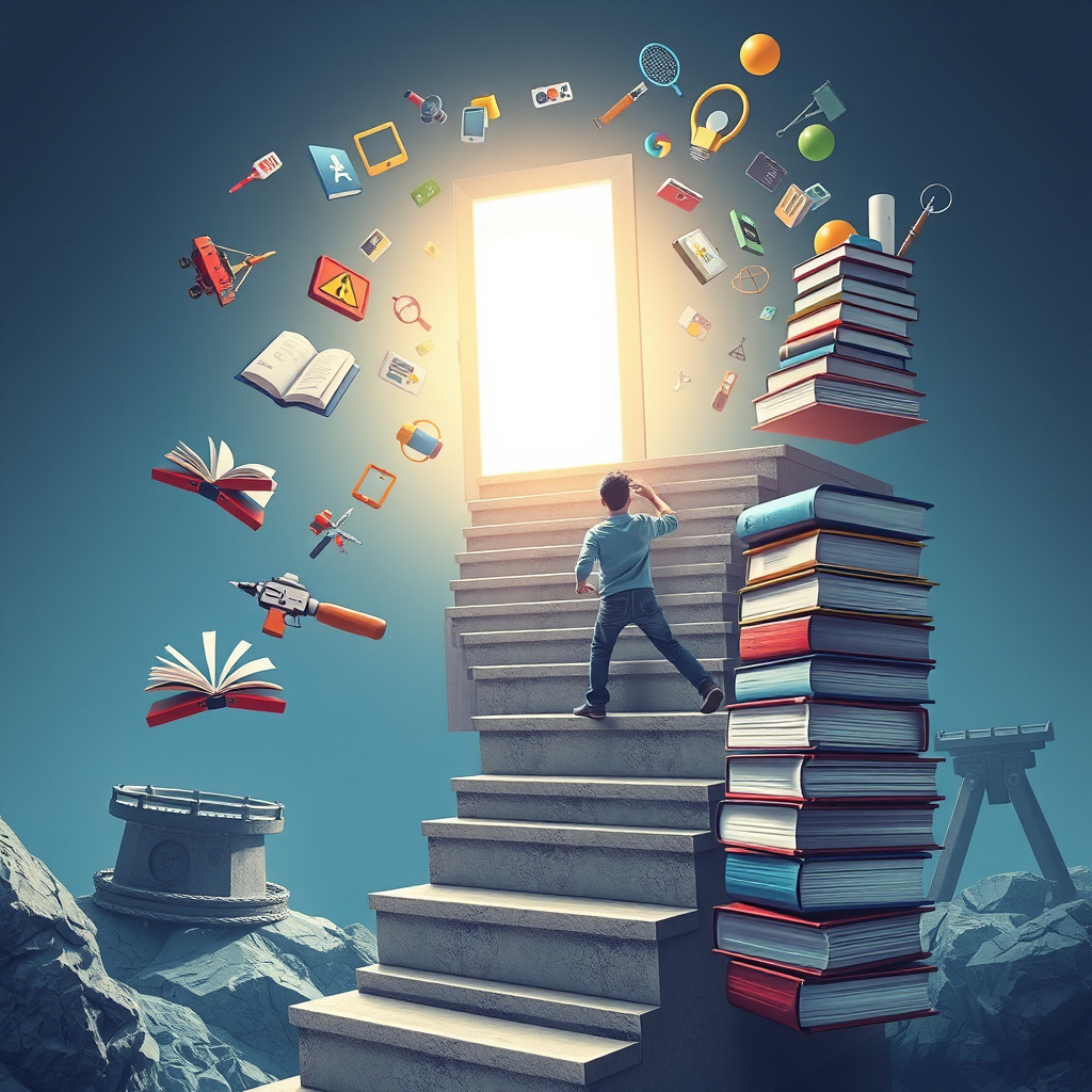 Achieving success in online career Person ascending stairs made of digital tools, symbolizing building skills and achieving success in online career.