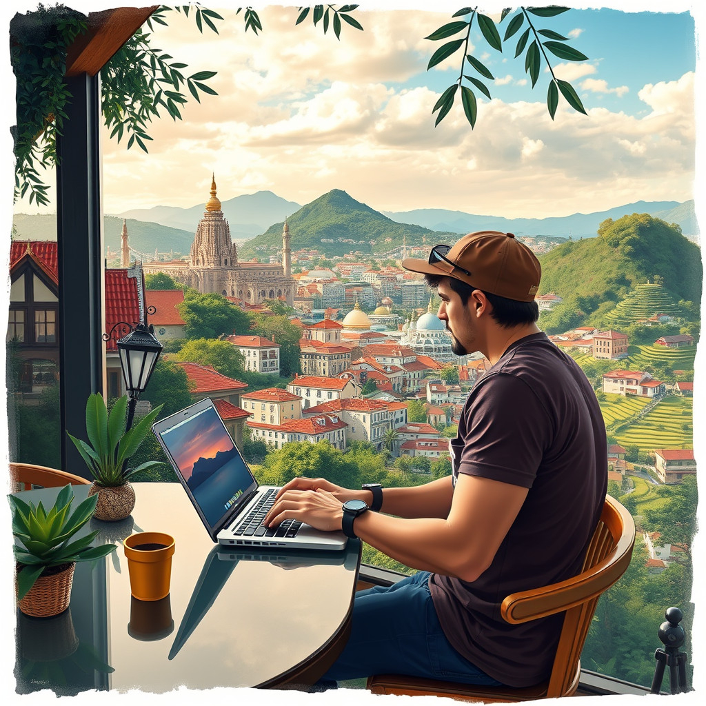 Digital nomad Digital nomad working in a café with Lisbon skyline, temples, mountains, and trees in background