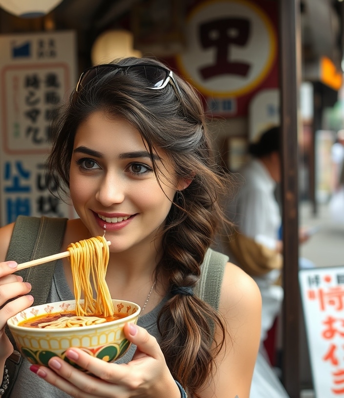 A digital nomad enjoying ramen A young woman digital nomad enjoying Hakata ramen at street stall in Fukuoka, Japan.