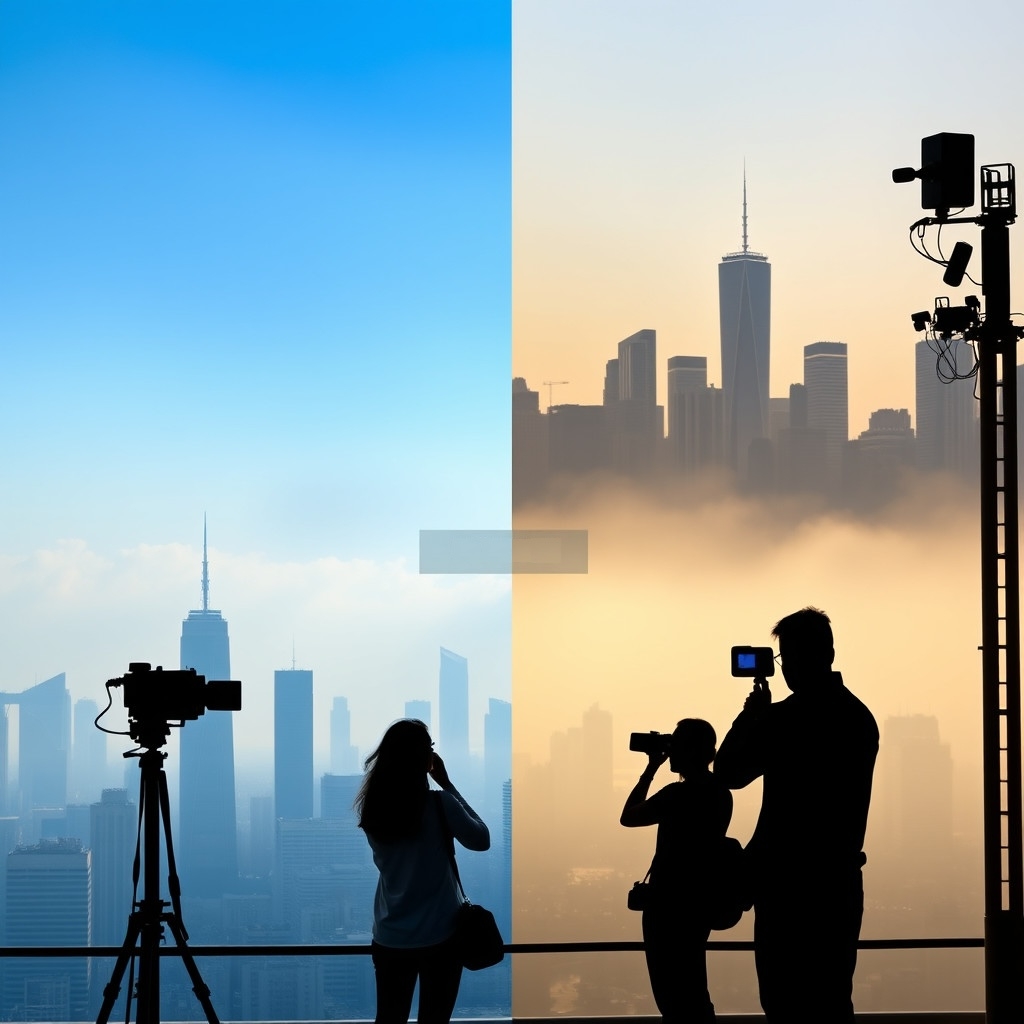 Air quality levels of city skylines Split-screen image comparing two city skylines showing different air quality levels with people checking monitors