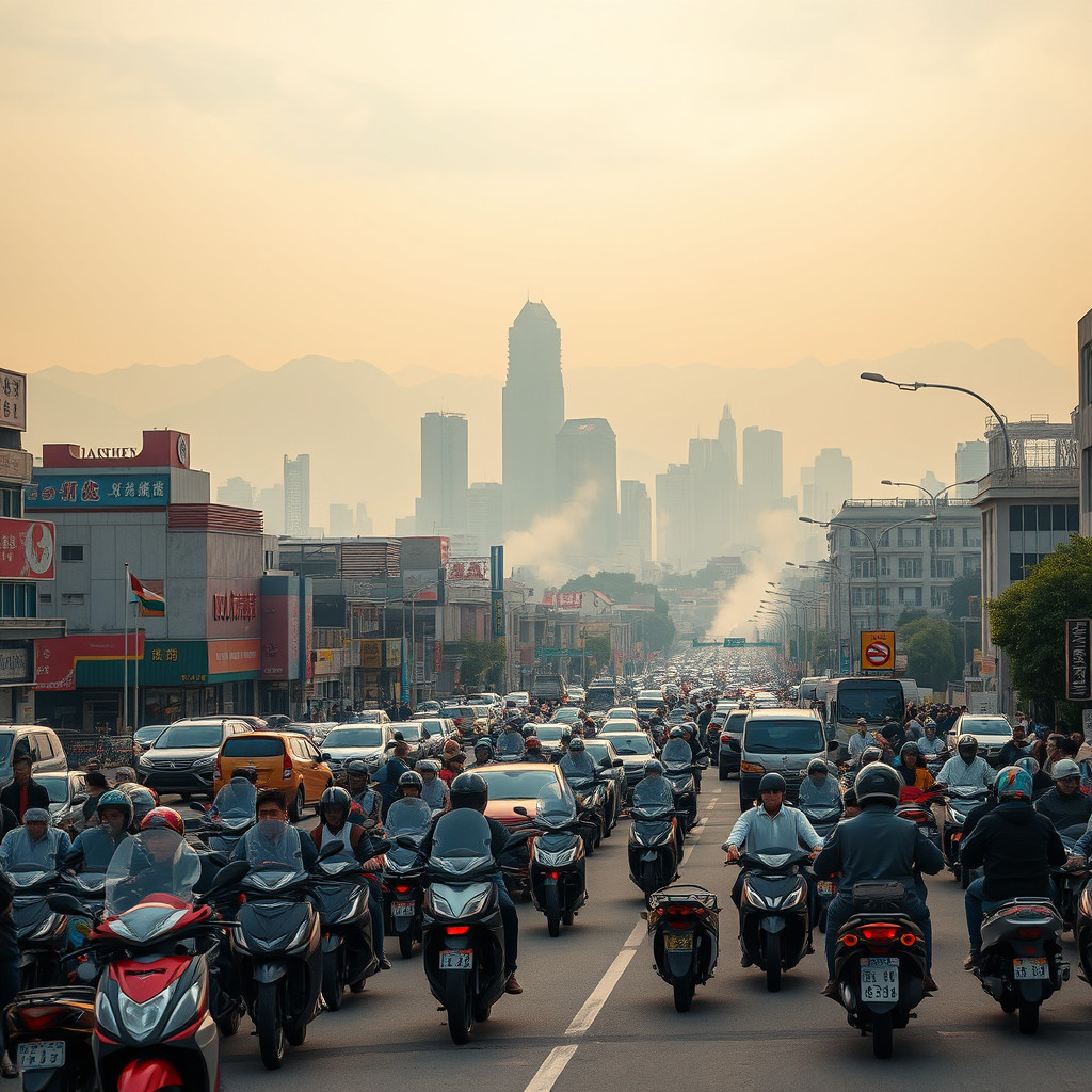 Taipei A view of Taipei's crowded streets filled with scooters and cars emitting exhaust under a hazy sky