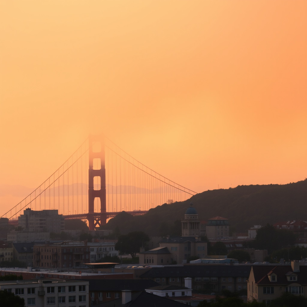 Golden Gate Bridg San Francisco's Golden Gate Bridge enveloped in orange-tinted smoky haze from distant wildfires