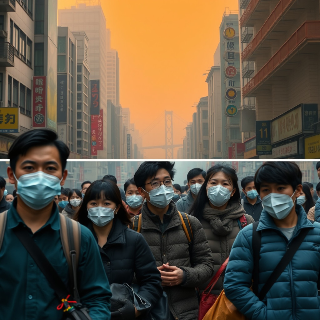 Side-by-side scenes of Taipei and San Francisco Side-by-side scenes of Taipei people wearing masks in smog and San Francisco under orange skies from wildfire smoke