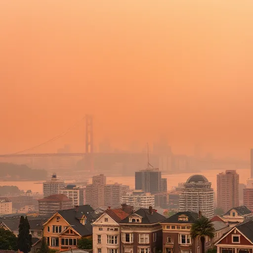 A scene of San Francisco A scene of San Francisco shows air pollution shrouded in smoky haze from wildfires, orange tint on the sky