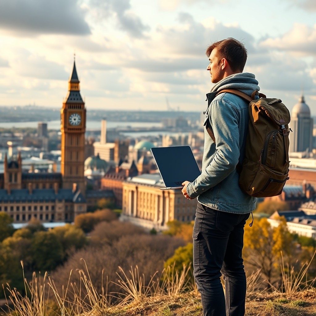 Digital nomad Digital nomad with laptop overlooking London skyline with Big Ben, representing remote work opportunities in the UK