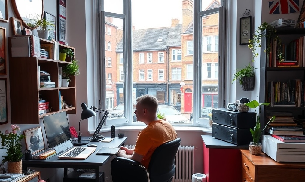 Digital nomad Digital nomad setting up workspace in cozy UK apartment with street view, preparing for remote work