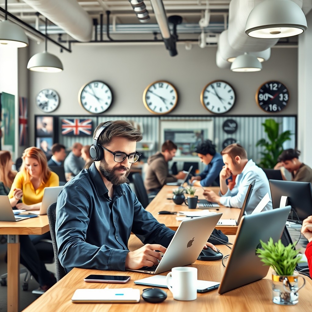 Digital nomad in UK co-working space Digital nomad in UK co-working space using laptop, collaborating with others, managing time zones