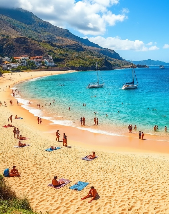 Calheta beach Sunny Calheta beach with golden sand, between mountains and sea